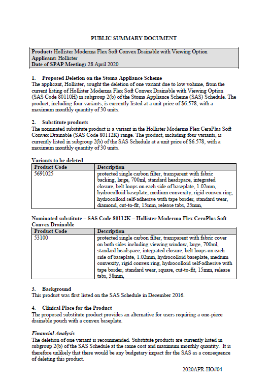 Cover image for SPAP public summary documents – April 2020 – Hollister Moderma Flex Soft Convex one-piece drainable pouch with viewing option