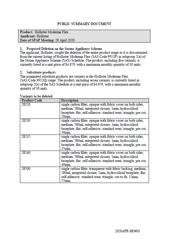 Cover image for SPAP public summary documents – April 2020 – Hollister Moderma Flex one-piece drainable pouch with flat baseplate