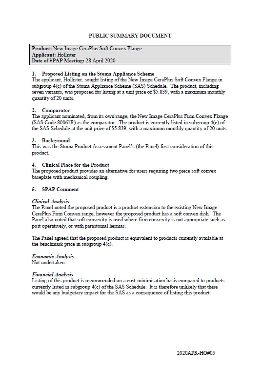 Cover image for SPAP public summary documents – April 2020 – Hollister New Image CeraPlus Soft Convex Flange