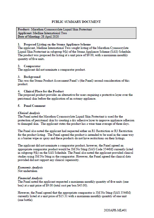 Cover image for SPAP public summary documents – April 2020 – Medline Marathon Cyanoacrylate Liquid Skin Protectant