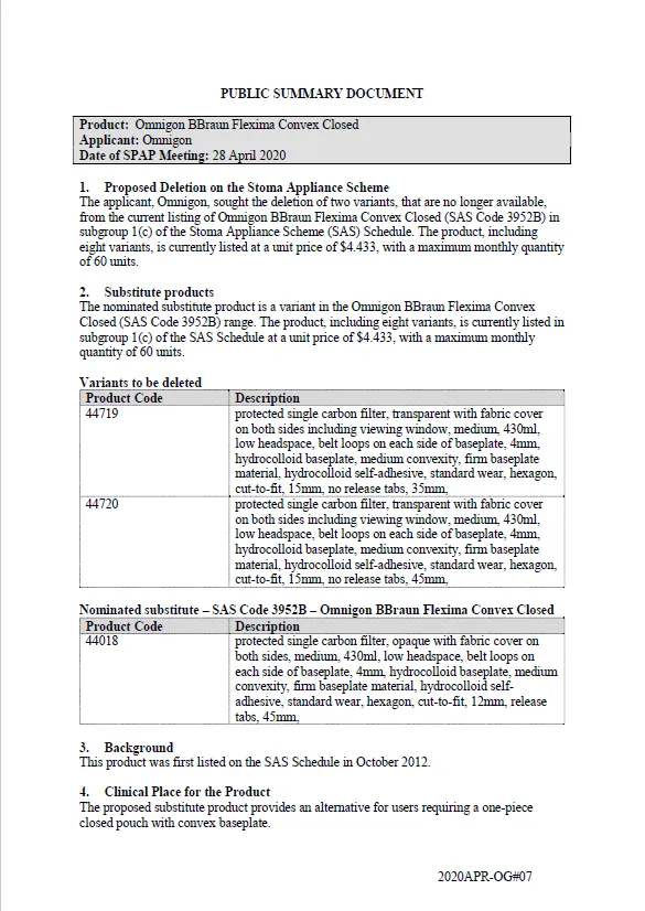 Cover image for SPAP public summary documents – April 2020 – Omnigon B Braun Flexima Convex Closed