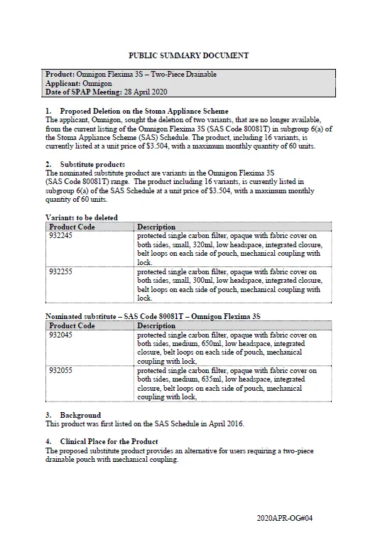 Cover image for SPAP public summary documents – April 2020 – Omnigon Flexima 3S two-piece drainable pouch