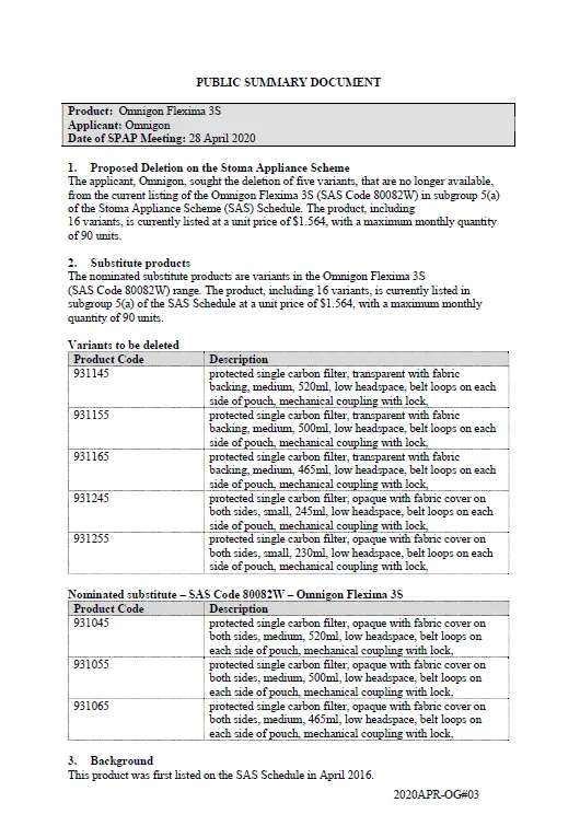 Cover image for SPAP public summary documents – April 2020 – Omnigon Flexima 3S