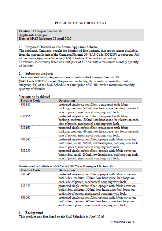 Cover image for SPAP public summary documents – April 2020 – Omnigon Flexima 3S