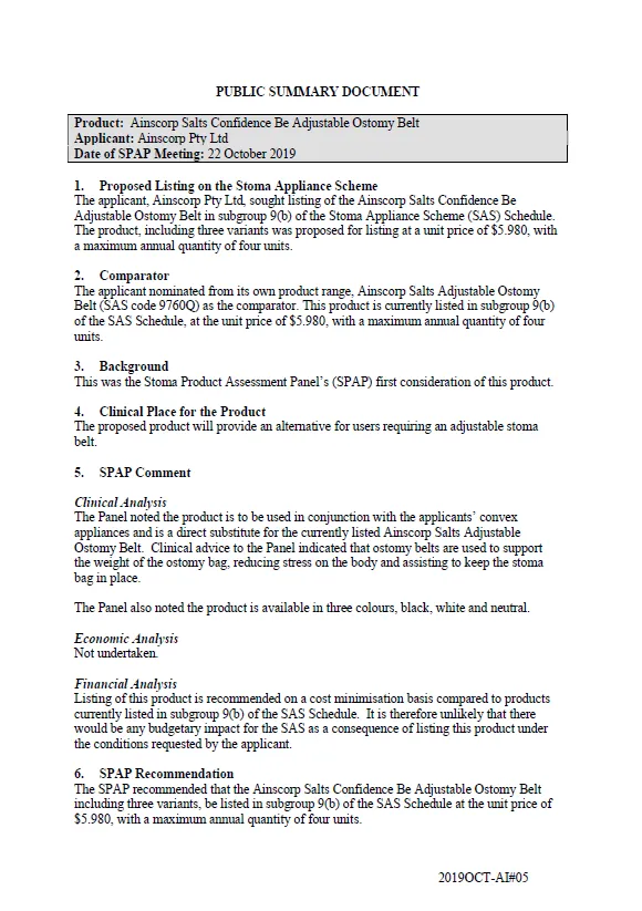 Cover image for SPAP public summary documents – October 2019 – Ainscorp Confidence Be Adjustable Ostomy Belt