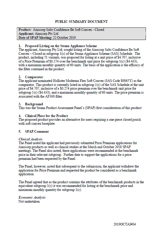 Cover image for SPAP public summary documents – October 2019 – Ainscorp Confidence Be Soft Convex Closed