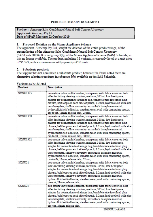 Cover image for SPAP public summary documents – October 2019 – Ainscorp Confidence Natural Soft Convex Urostomy