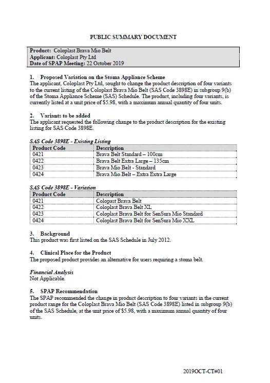 Cover image for SPAP public summary documents – October 2019 – Coloplast Brava Mio Belt