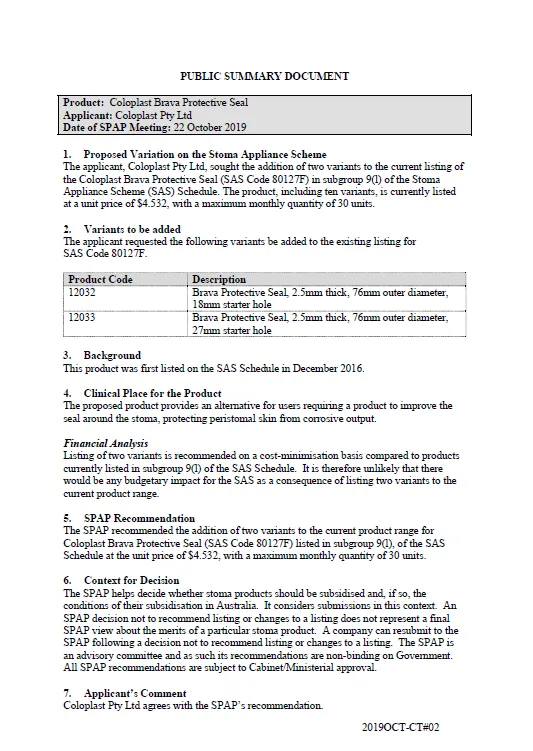 Cover image for SPAP public summary documents – October 2019 – Coloplast Brava Protective Seal 