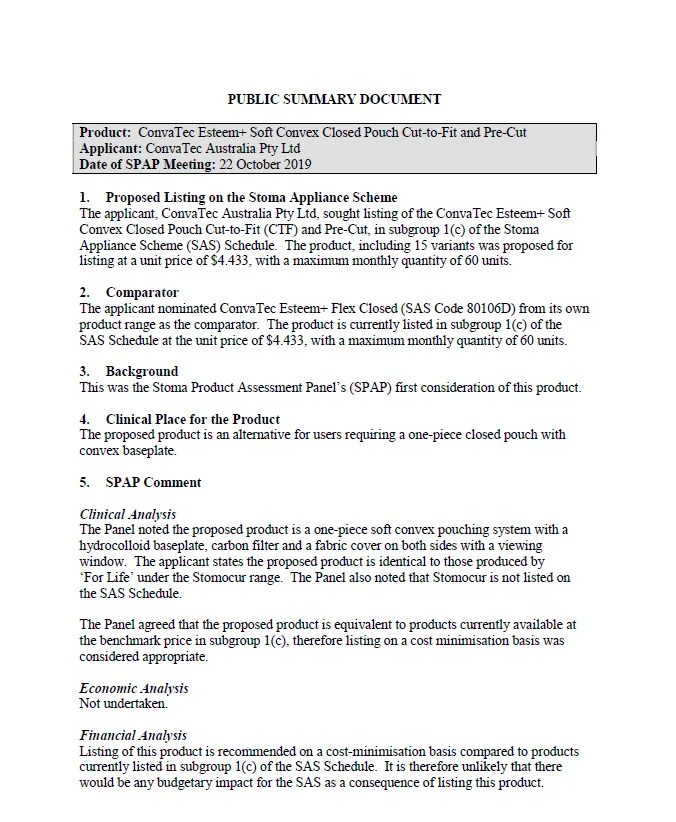 Cover image for SPAP public summary documents – October 2019 – ConvaTec Esteem+ Soft Convex Closed Pouch Cut-to-Fit and Pre-Cut