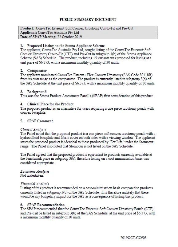 Cover image for SPAP public summary documents – October 2019 – ConvaTec Esteem+ Soft Convex Urostomy Cut-to-Fit and Pre-Cut