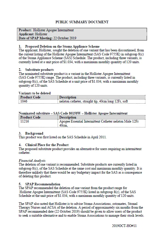 Cover image for SPAP public summary documents – October 2019 – Hollister Apogee Intermittent Catheter