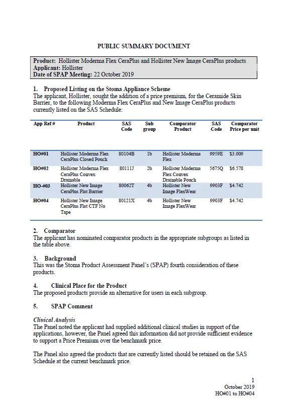 Cover image for SPAP public summary documents – October 2019 – Hollister Moderma Flex CeraPlus and Hollister New Image CeraPlus products