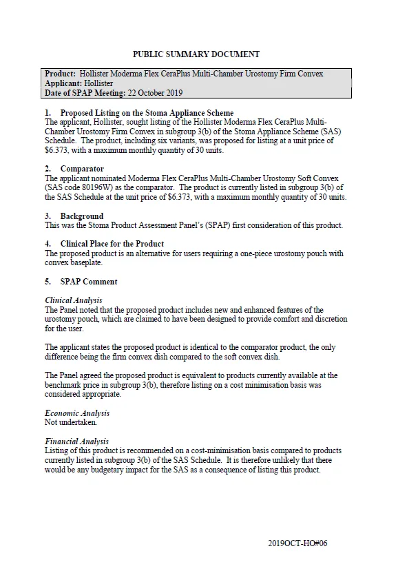 Cover image for SPAP public summary documents – October 2019 – Hollister Moderma Flex CeraPlus Multi-Chamber Urostomy Firm Convex