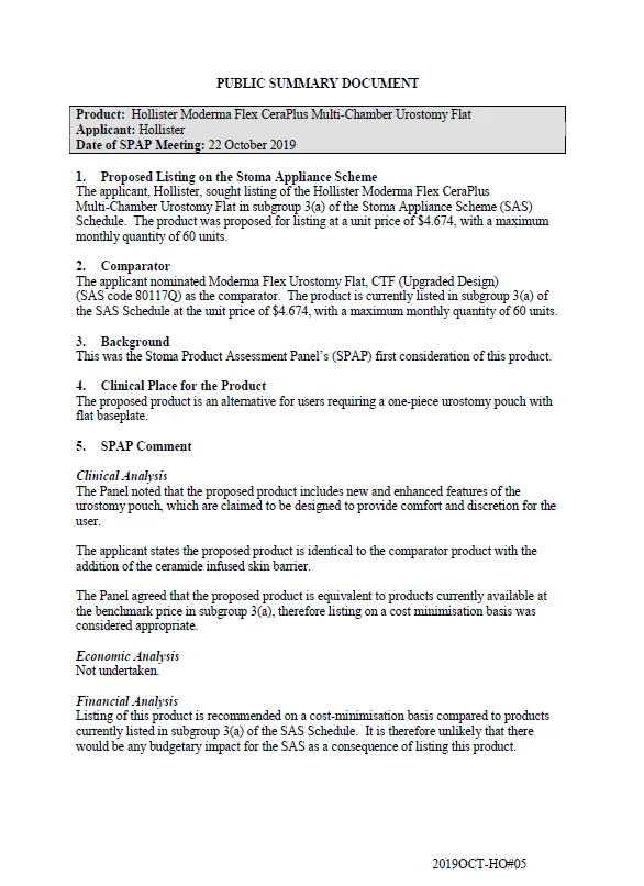 Cover image for SPAP public summary documents – October 2019 – Hollister Moderma Flex CeraPlus Multi-Chamber Urostomy Flat