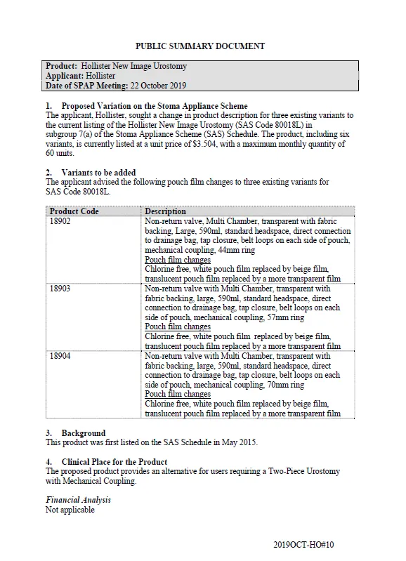 Cover image for SPAP public summary documents – October 2019 – Hollister New Image Urostomy