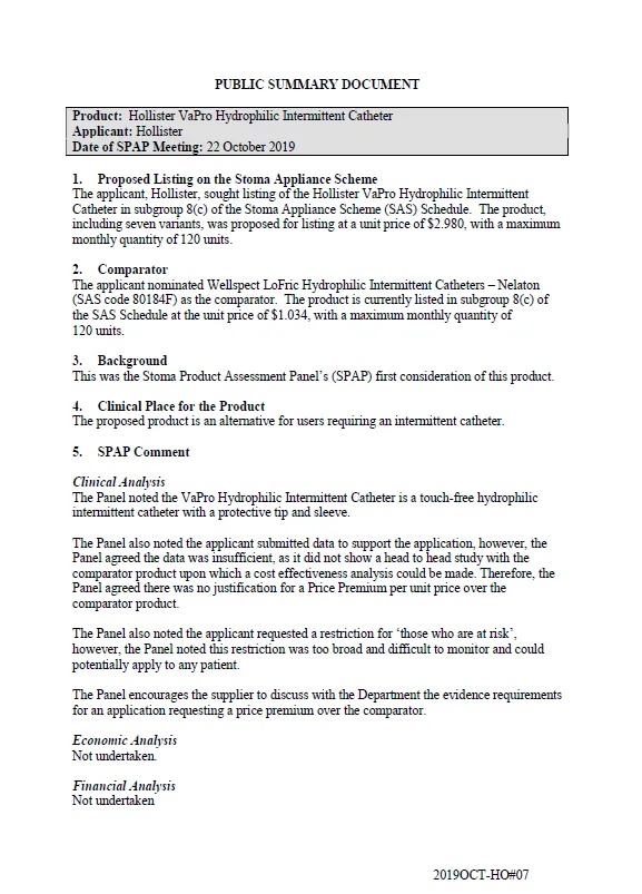 Cover image for SPAP public summary documents – October 2019 – Hollister VaPro Hydrophilic Intermittent Catheter