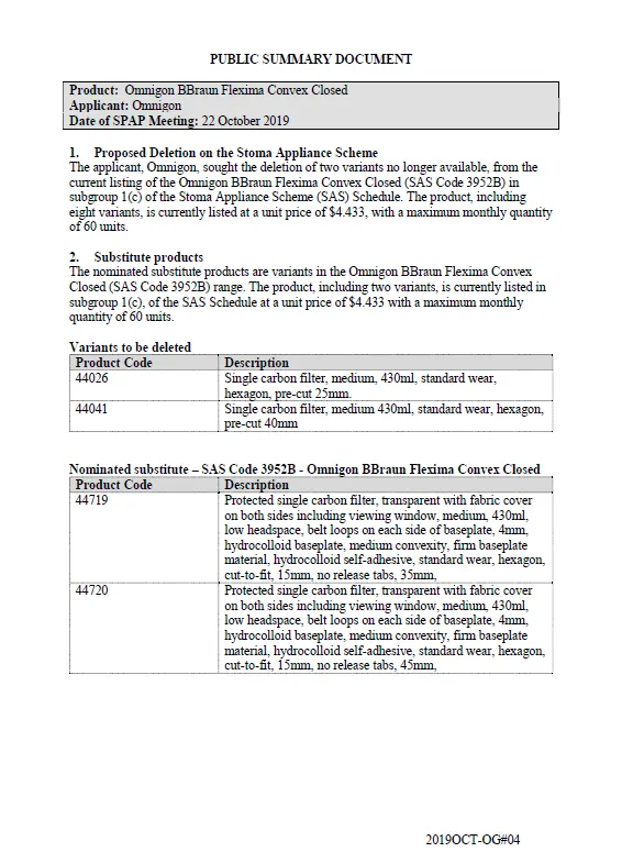 Cover image for SPAP public summary documents – October 2019 – Omnigon BBraun Flexima Convex Closed