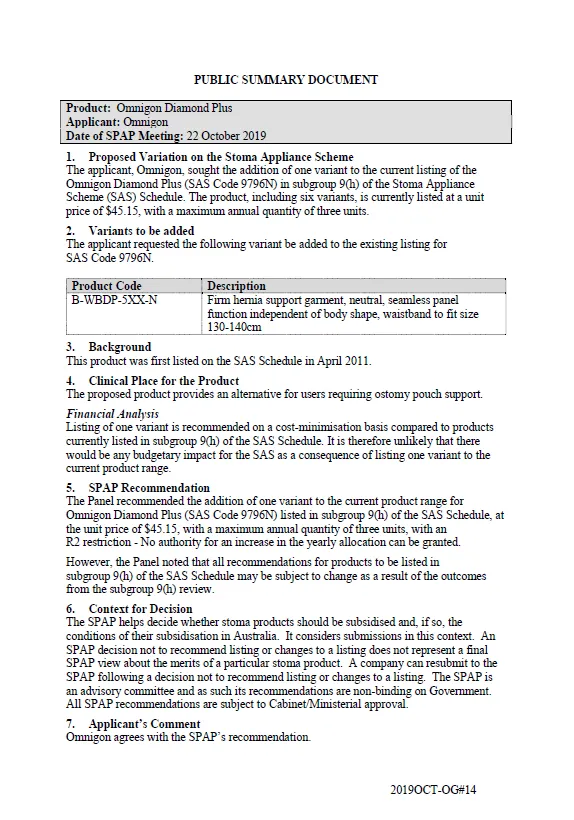 Cover image for SPAP public summary documents – October 2019 – Omnigon Diamond Plus