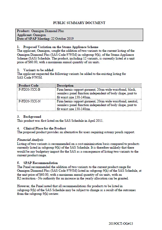 Cover image for SPAP public summary documents – October 2019 – Omnigon Diamond Plus