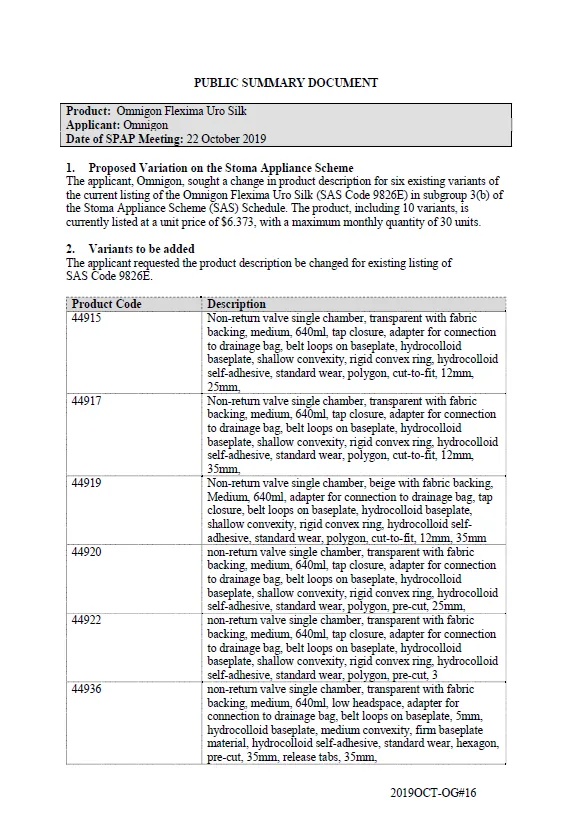 Cover image for SPAP public summary documents – October 2019 – Omnigon Flexima Uro Silk one-piece 