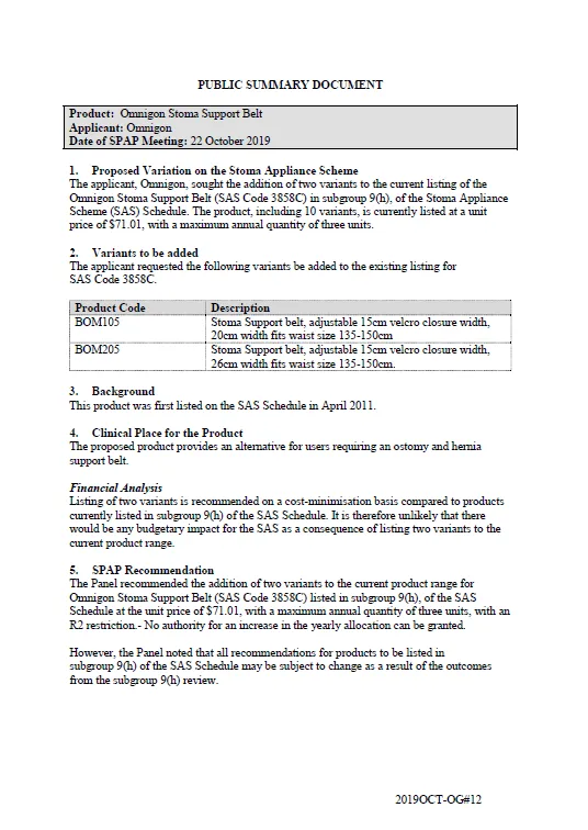 Cover image for SPAP public summary documents – October 2019 – Omnigon Stoma Support Belt