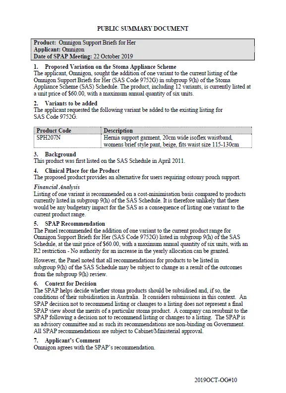 Cover image for SPAP public summary documents – October 2019 – Omnigon Support Briefs for Her
