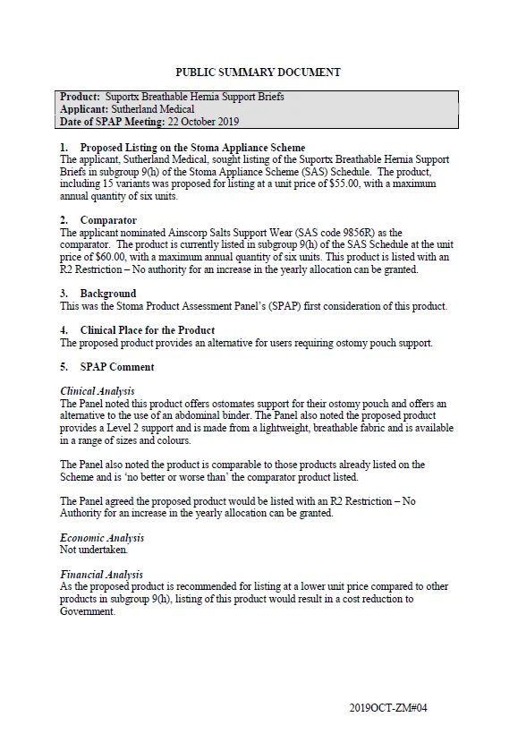 Cover image for SPAP public summary documents – October 2019 – Sutherland Medical Suportx Breathable Hernia Support Briefs