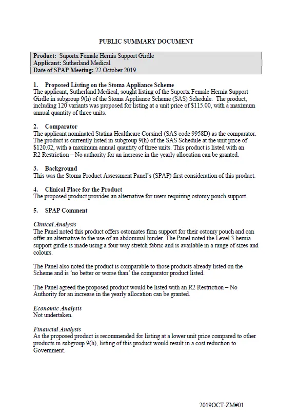 Cover image for SPAP public summary documents – October 2019 – Sutherland Medical Suportx Female Hernia Support Girdle