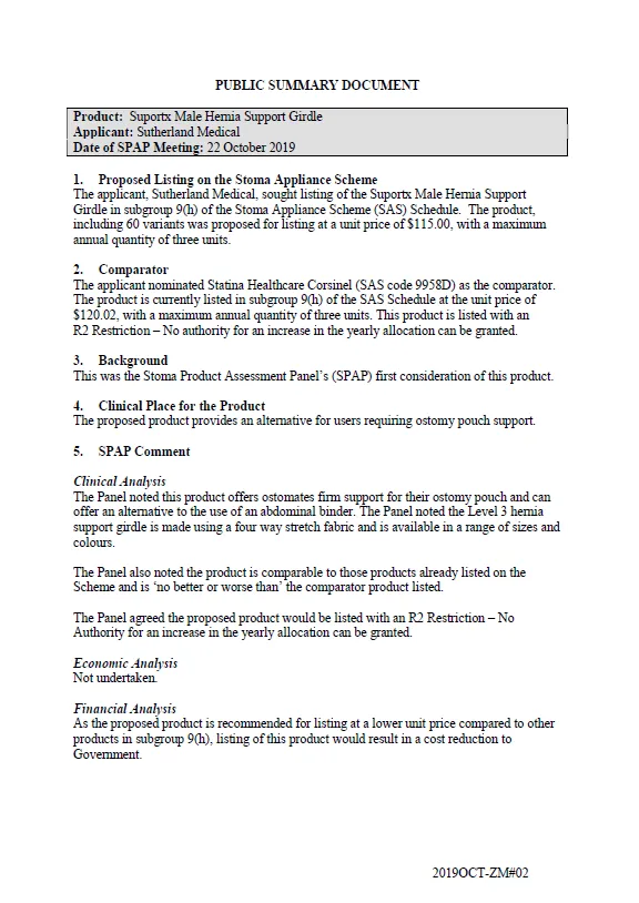 Cover image for SPAP public summary documents – October 2019 – Sutherland Medical Suportx Male Hernia Support Girdle