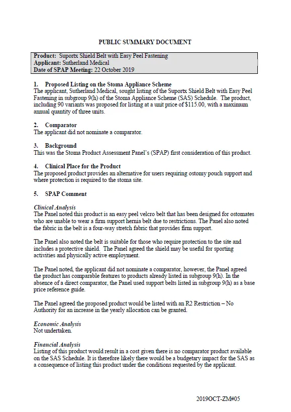 Cover image for SPAP public summary documents – October 2019 – Sutherland Medical Suportx Shield Belt with Easy Peel Fastening