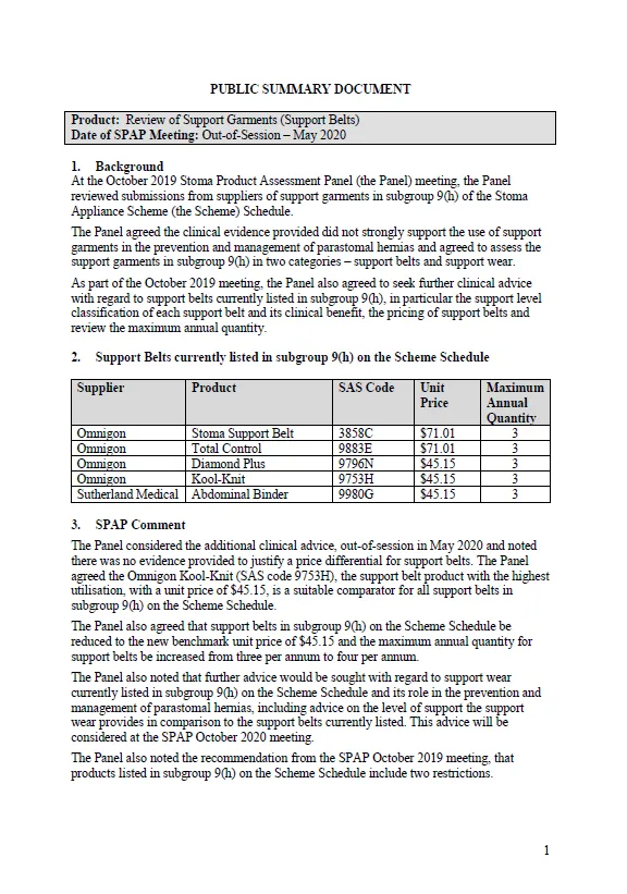 Cover image for Public summary documents – May 2020 – review of support garments 