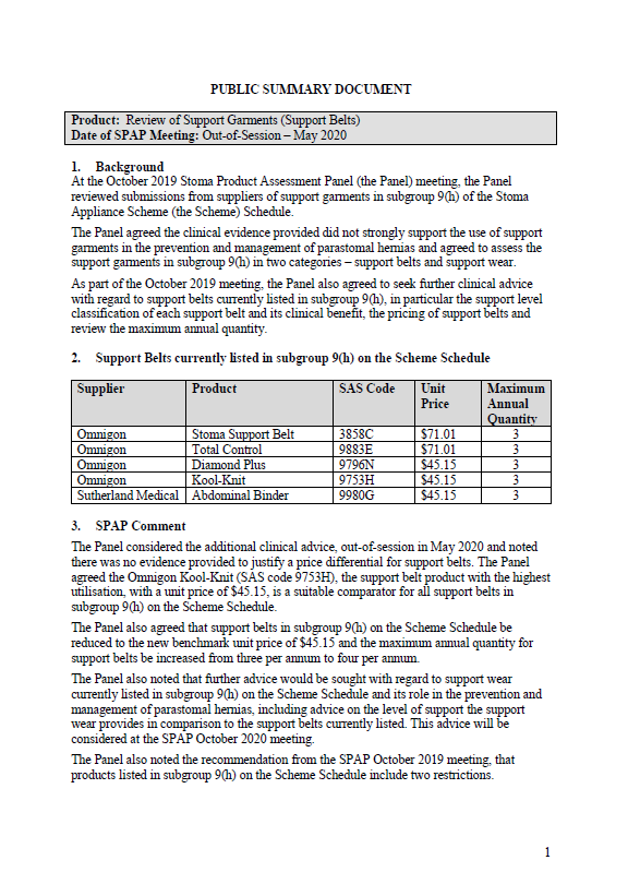 Cover image for Public summary documents – May 2020 – review of support garments 