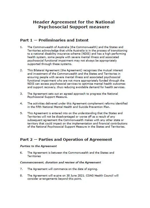 Cover image for Header agreement for the National Psychosocial Support Measure
