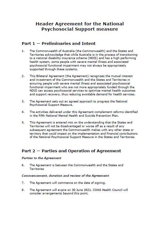 Cover image for Header agreement for the National Psychosocial Support Measure