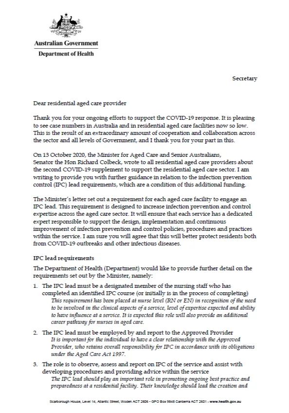 Cover image for Secretary's letter to service providers