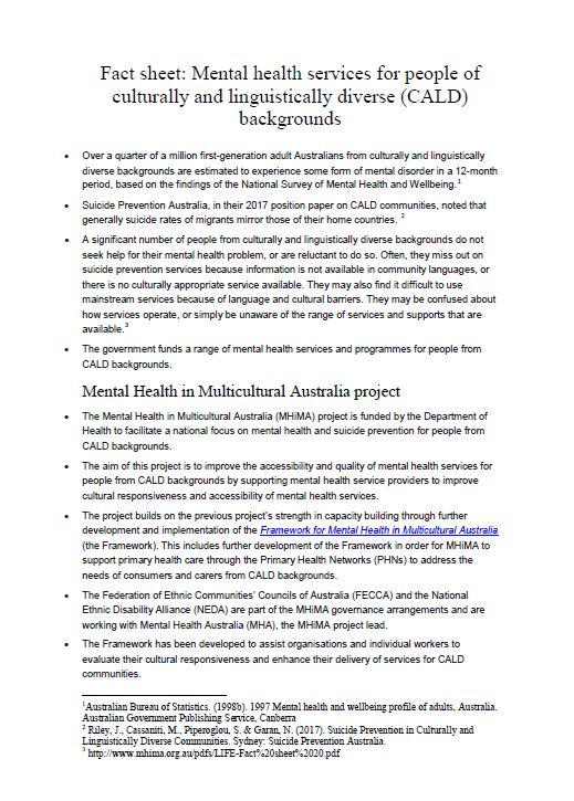 Cover image for Mental health services for people of culturally and linguistically diverse (CALD) backgrounds