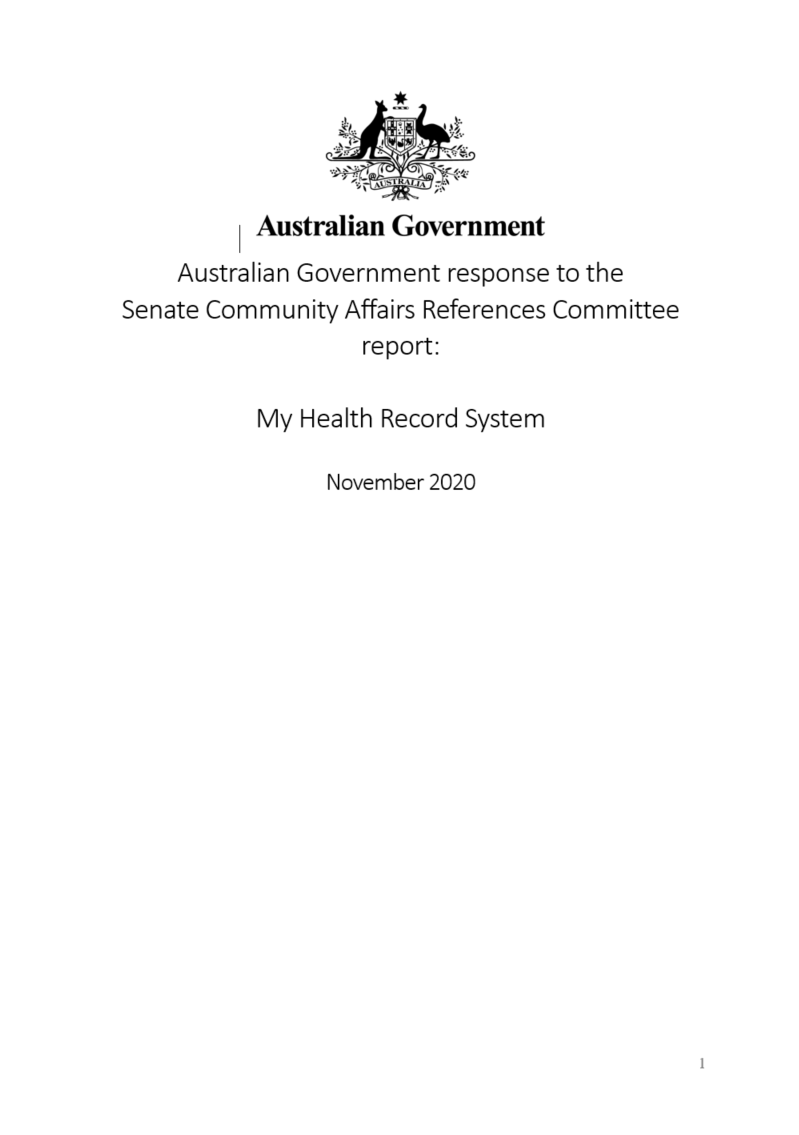 Cover of Australian Government’s response to the Senate Community Affairs References Committee final report on the My Health Record system