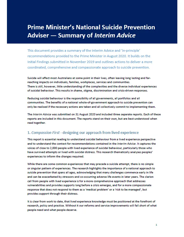 Cover image for National Suicide Prevention Adviser – Summary of interim advice