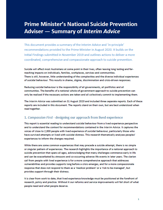 Cover image for National Suicide Prevention Adviser – Summary of interim advice