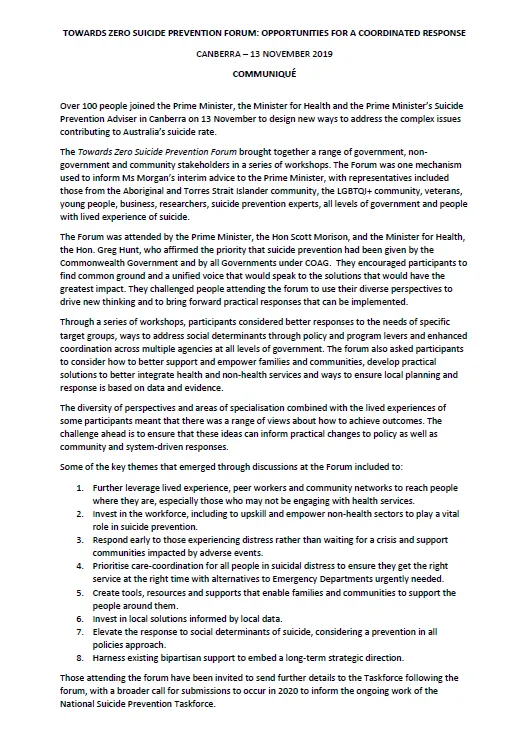 Cover image for Prime Minister's National Suicide Prevention Adviser – Towards Zero Suicide Prevention Forum communique