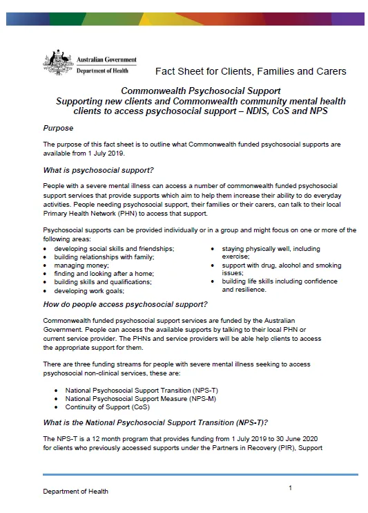 Cover image for Supporting new clients and Commonwealth community mental health clients to access psychosocial support – NDIS, CoS and NPS