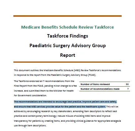 Cover image for the Taskforce findings - paediatric surgery advisory group report