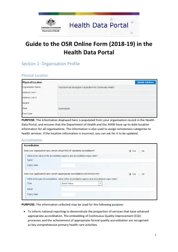 Cover of the Guide to the OSR Online Form (2018-19) in the Health Data Portal 