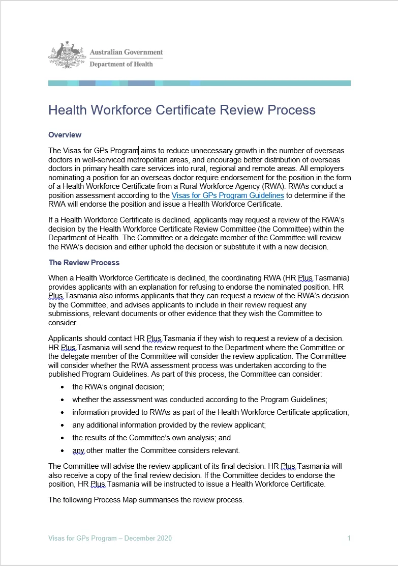 health workforce certificate review process cover image