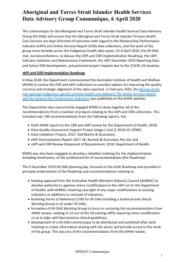 Cover of Aboriginal and Torres Strait Islander Health Services Data Advisory Group Communique (April 2020) 