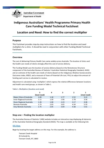 Cover of Indigenous Australians’ Health Programme primary health care funding model – location and need: how to find the correct multiplier