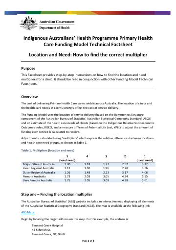 Cover of Indigenous Australians’ Health Programme primary health care funding model – location and need: how to find the correct multiplier 