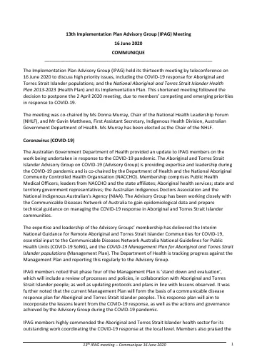 Cover of 13th Implementation Plan Advisory Group (IPAG) Meeting – Communique 