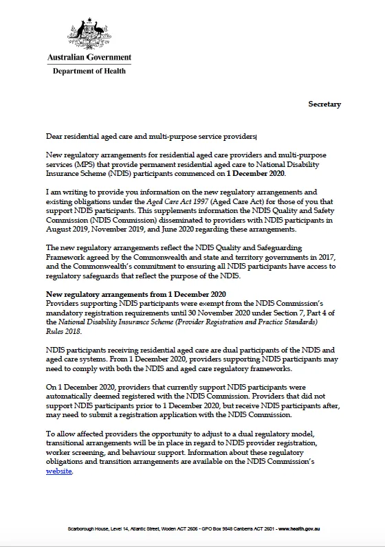 Cover image for Letter for residential aged care and multi-purpose service providers from the Secretary of the Department of Health